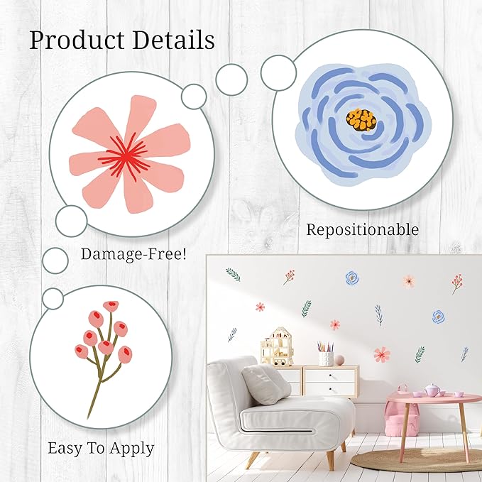 Decalcomania Evening Flowers Wall Decor by Mia Charro - Set of 26 Danish Pastel Room Decor Flower Wall Decals Removable Peel and Stick Wall Stickers - Floral Aesthetic Room Decor