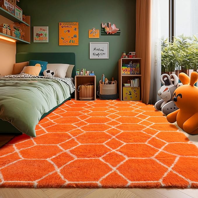 ONASAR Rugs for Living Room Bedroom, 5x8 Washable Fluffy Orange and White Area Rug, Geometric Boho Soft Plush Shaggy Fuzzy Floor Carpet for Nursery Kids Girls Boys Teen Dorm Home Decor Aesthetic