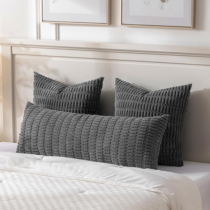 Fancy Homi 2 Packs Dark Grey Long Body Lumbar Decorative Throw Pillow Covers 14x36 Inch for Bed Couch Bedroom Bench, Soft Corduroy Rectangle Solid Pillow Case, Rustic Farmhouse Boho Room Decor