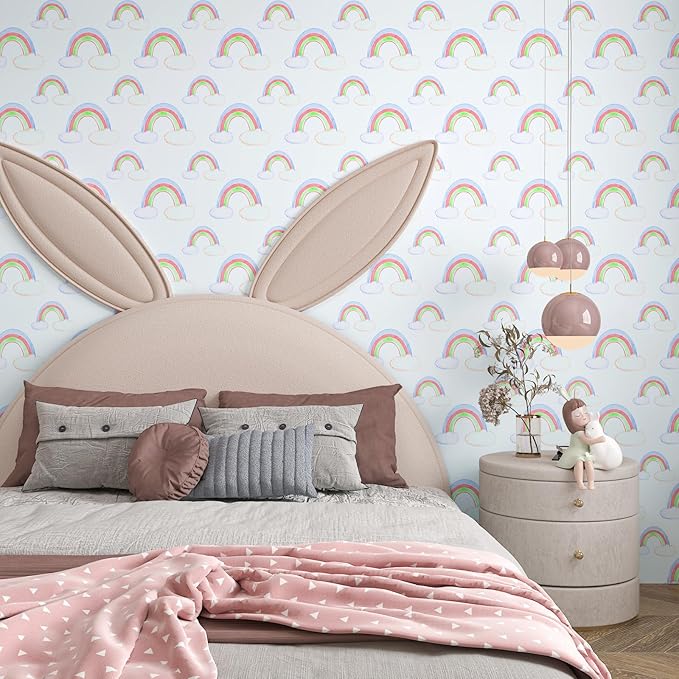 CHIHUT Watercolor Rainbow Cloud Peel and Stick Wallpaper Boho Colorful Rainbow Contact Paper for Cabinets 17.7”x100” Removable Self Adhesive Decorative White Wallpaper Roll for Nursery Wall Décor