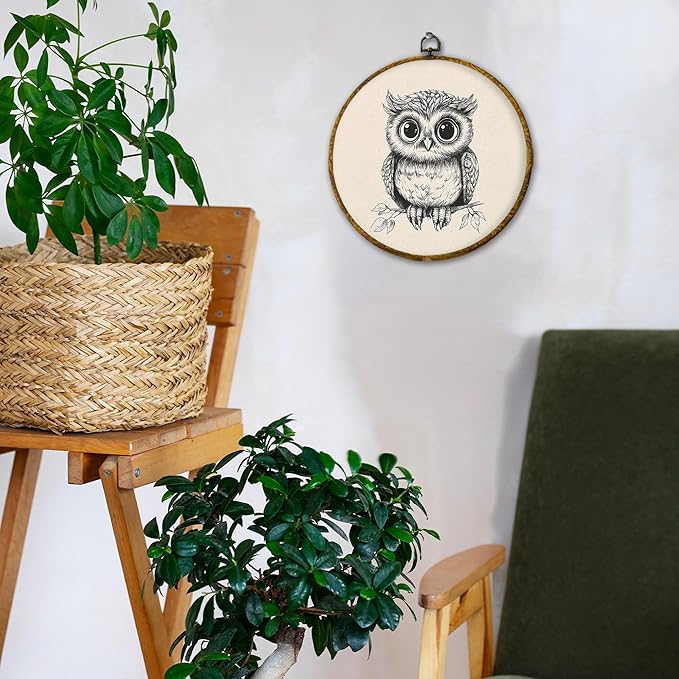 Hiuwevt Vintage Owl Round Wall Art Decor, Cottagecore Neutral Owl Framed Canvas Prints, Retro Rustic Forest Wildlife Round Wall Hanging Decor for Home Nursery Kids Bedroom Decorations, 10x10 Inches