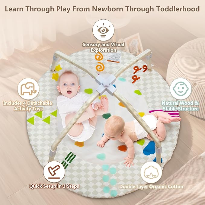 Bella’s Friends Baby Play Gym Mat, Stage-Based Developmental Tummy Time Mat, Wooden Activity Center for Baby with 4 Detachable Sensory Toys and Reversible Mat, Baby Essentials Gifts for Newborn Infant