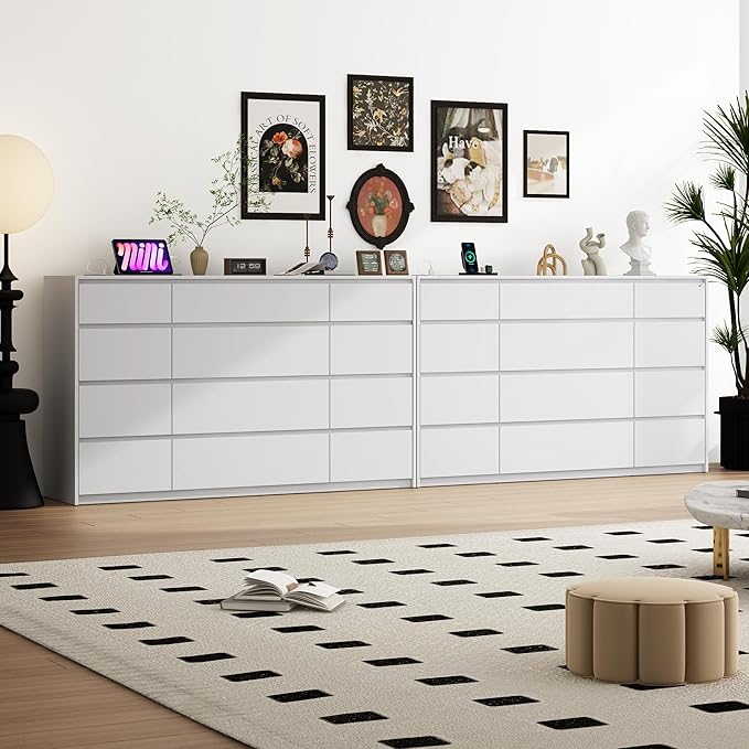 White Malm Dresser for Bedroom, 63" Wide 37" Tall Dresser with 12 Drawers & Charging Station, Modern Large Wood Chest of Drawers Handle Free for Bedroom, Living Room, Entryway, Hallway, White