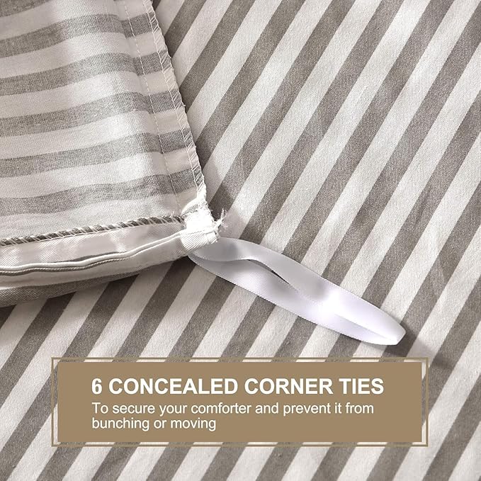 JELLYMONI Duvet Cover, 100% Natural Cotton, Printed Comforter Cover with Zipper Closure and Corner Ties (Oversized King Plus 128×120 Inch, White Duvet Cover Set with Grey Stripes Pattern)