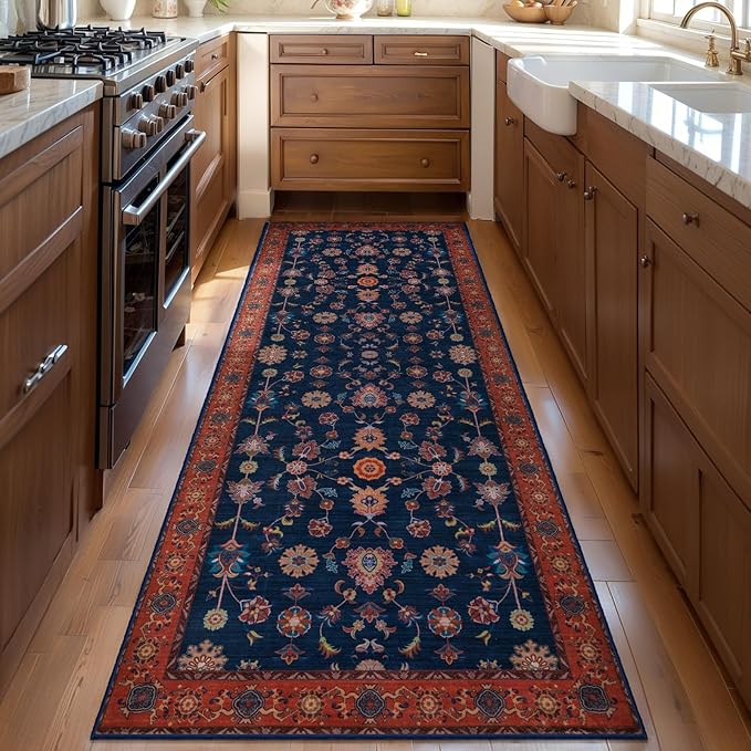 Tangsoo Washable Runner Rug for Hallway Non Slip, 2x6 Boho Floral Vintage Carpet Runner Rugs for Entryway, Floor Low Pile Runners for Kitchen Bathroom Laundry Bedroom Alfombra Red Blue Farmhouse