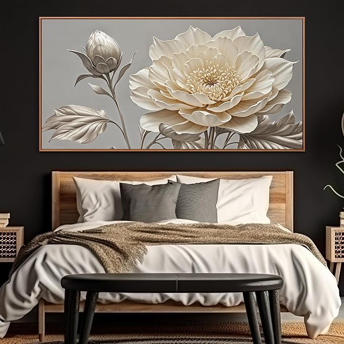 Large Wall Art Living Room Home Wall Decor Modern Canvas Art Wall Decor 29 X 58 Inches White Flower Wall Art Painting Print Elegant Silver White Flower Picture For Bedroom Office Artwork With Framed