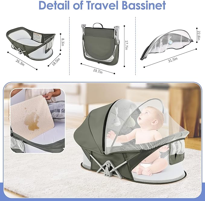 Bedside Bassinet for Baby, Portable Baby Bassinet Travel Bed with Mosquito Net & Sunshade, Lightweight Foldable Baby Crib with Easy-Clean Fabric for Home & Outdoor