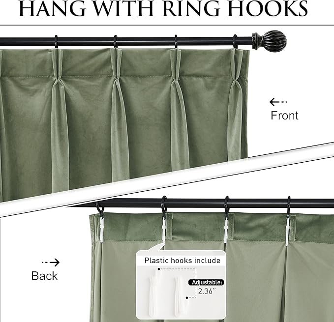 StangH Sage Green Pinch Pleat Velvet Curtains for Living Room, Luxury Room Darkening Window Drapes with Hooks Thick Thermal Insulated Decorative Curtains for Bedroom, W30 x L108, 2 Panels