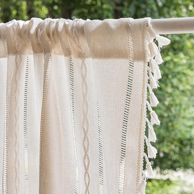 Deeprove Ivory Boho Curtain Valance for Cafe Kitchen Closet Doorway Decor, Sheer Bohemian Farmhouse Cotton Linen Short Panel Tassel Trim Classic Rustic Window Treatments Panel, W52 x L18, 1 Piece