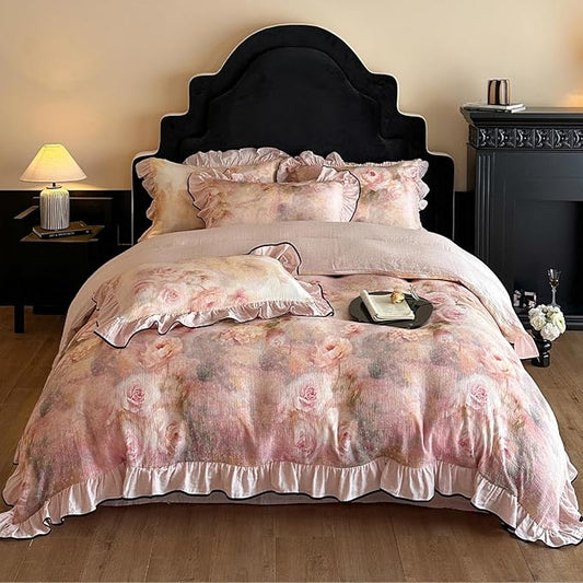 HighBuy Rose Floral Duvet Cover Twin Size,Linen Cotton Soft Coquette Ruffle Flower Bedding Duvet Cover Set,Jacquard Yarn-Dyed Shabby Chic Farmhouse Duvet Cover and Pillow Shams,Pink - Twin