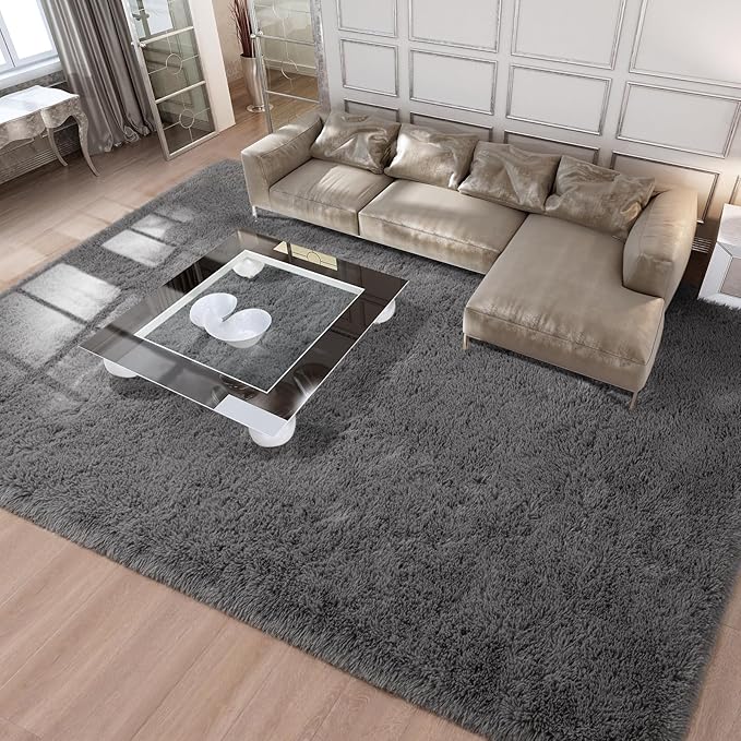 Merelax Area Rugs 9x12 Living Room, Large Grey Bedroom Carpet, Big Shag Indoor Thick Soft Nursery Rug, Deep Gray Fluffy Carpets for Boy and Girls Room Dorm Home Decor Aesthetic