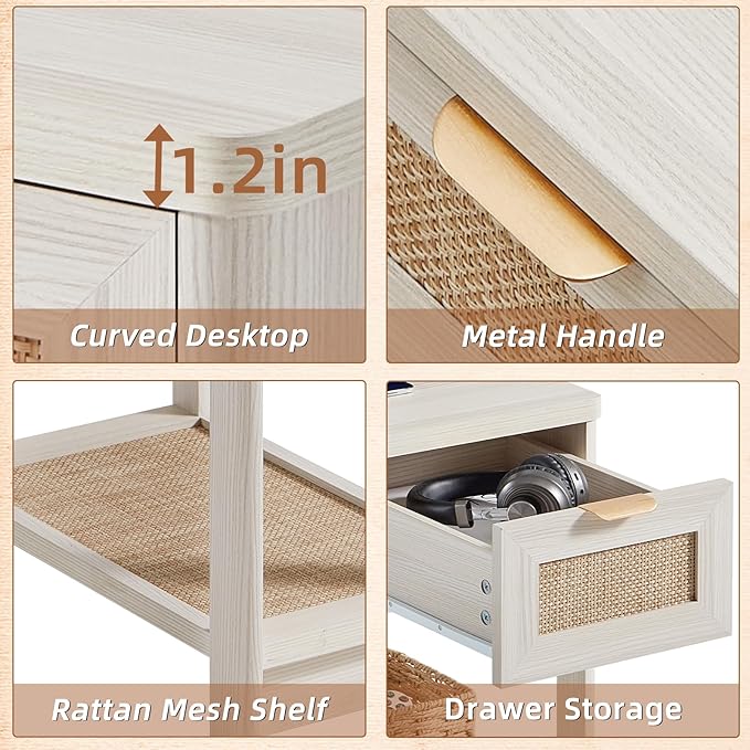 Lerliuo Narrow Night Stand with Charging Station, Boho Nightstand with Drawer, Bed Side End Table with Rattan Shelf for Small Spaces, Wood Nightstands Bedside Tables for Living Room Bedroom