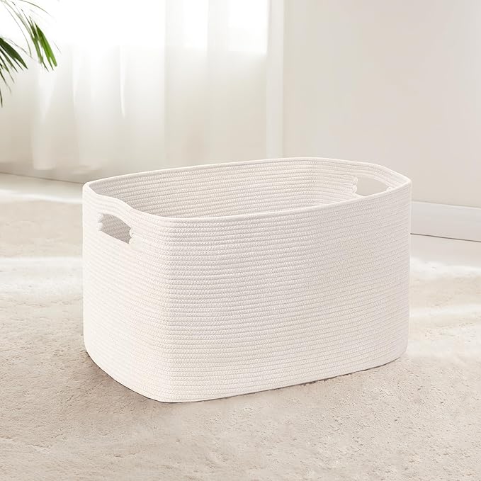 45L Small Baby Girls Laundry Basket for Nursery Storage,Cute Woven cotton Rope Baskets for Kids Toy，Gifts,Boho Square Wicker Blanket hamper for Living Room,Bedroom Dirty Clothes, White