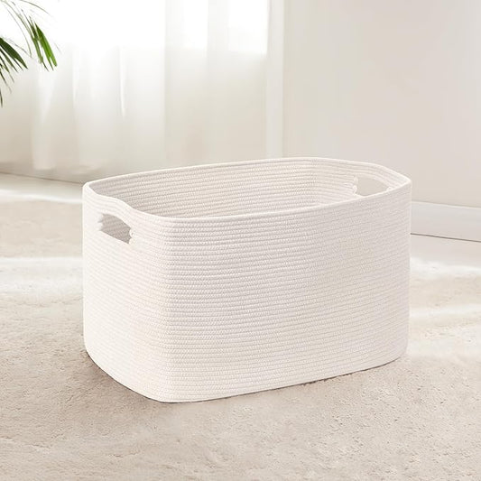 45L Small Baby Girls Laundry Basket for Nursery Storage,Cute Woven cotton Rope Baskets for Kids Toy，Gifts,Boho Square Wicker Blanket hamper for Living Room,Bedroom Dirty Clothes, White