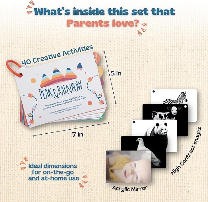 Montessori Baby Activity Cards 0-12 Months | 40+ Creative Playtime Activities to Stimulate Development for Babies| Includes High Contrast Cards and Tummy Time Mirror| Baby Must Haves| New Parent Gift