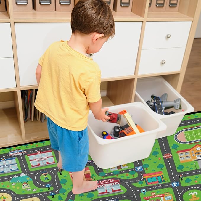 Kids Car Road Play Rug - City Town Map Track Soft Non-Slip 2x3 Ft Carpet Traffic Mat Washable Playroom Bedroom Boys Nursery Educational Area Rug Entrance Mats Classroom Decor (24"x 36")