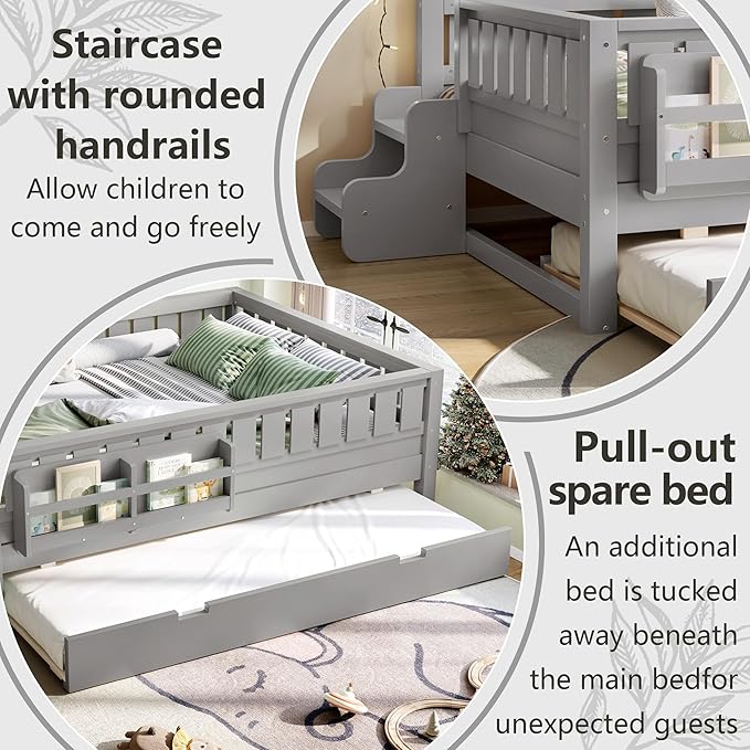 Bellemave Full Bed with Trundle and Stairs, Full Size Platform Bed Frame with Fence and Bookshelf, Easy Assemble Beds for Kids, Girls, Boys, Gray