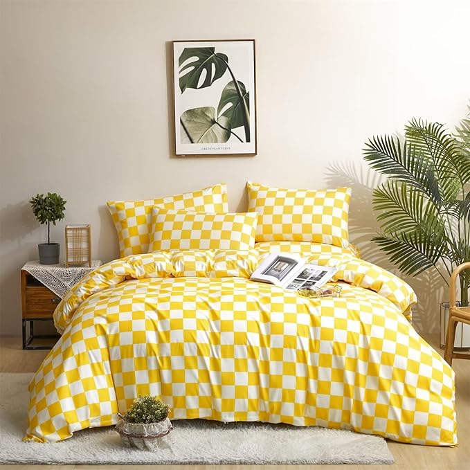 Houseri Yellow and White Plaid Duvet Cover King Light Yellow Buffalo Checkered Duvet Cover Bedding Sets King Women Modern Bright Yellow Grid Checkerboard Duvet Cover King Size Men Gingham Bedding King