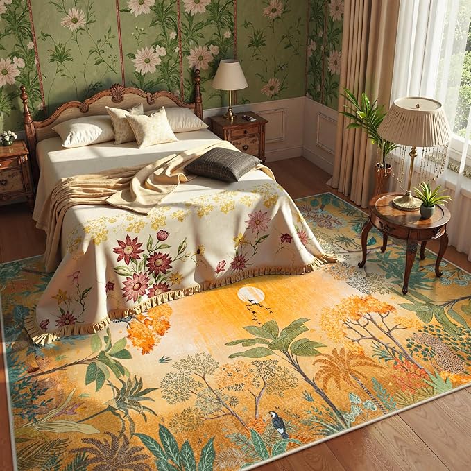 Lahome Fall Jungle 5x7 Autumn Rug for Living Room Bedroom Machine Washable Carpet, Soft Sunset Kids Rugs for Playroom, Forest Rug Non Slip Non Shedding Orange Indoor Carpet for Nursery Office