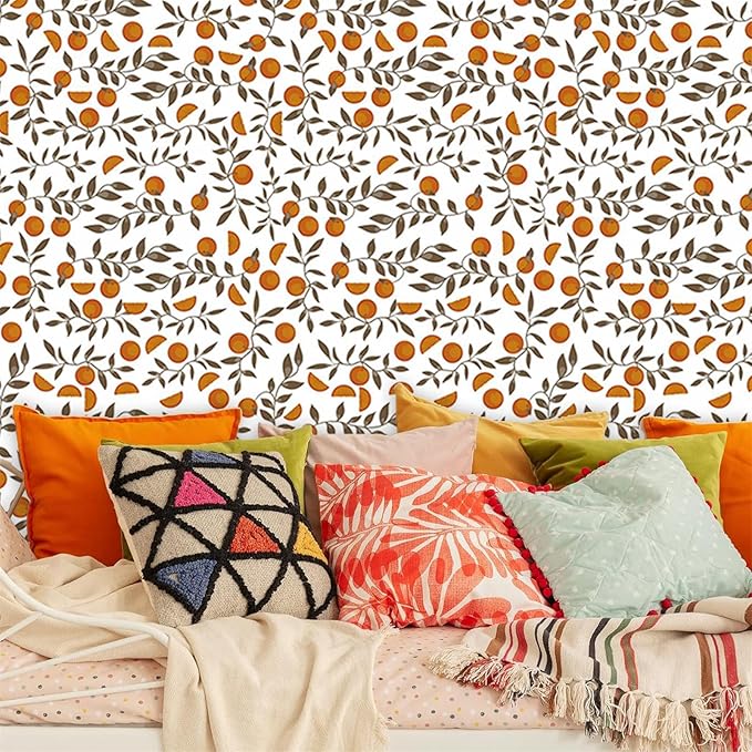 Orange Leaf Wallpaper Boho Wall Paper Orange Leaves Wall Stickers Removable Fruit Leaf Decals Peel and Stick Boho Fruit Leaves Wall Decals for Bedroom Living Room Kitchen Decor