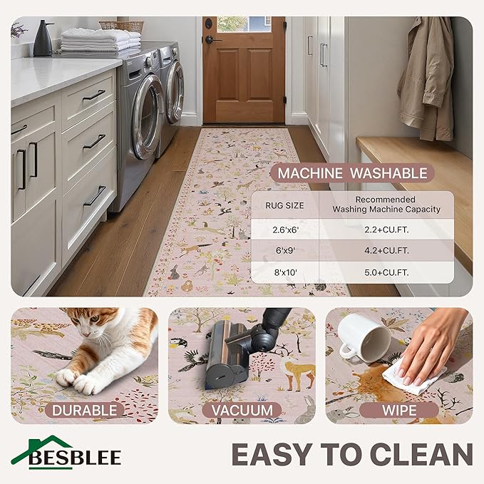Rugs for Living Room 5x7 Floral Animal Print Area Rug Machine Washable Rug, Non Slip Low Pile Girl Room Carpet for Bedroom, Entryway, Nursery, Pink