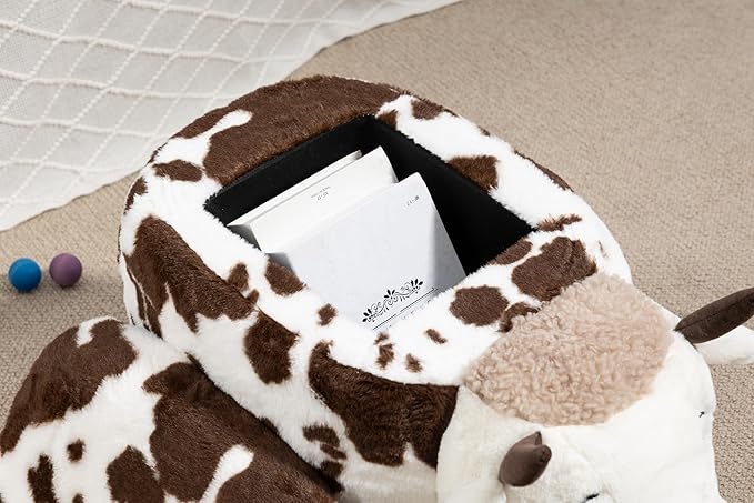 Home 2 Office Fun Happy Cow Ottoman with Storage for Kids' Bedroom, Playroom, Nursery or Recreation Room Decor, Soft Animal-Shaped Toddler Furniture with Wooden Legs