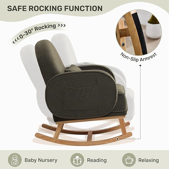 Rocking Chair with Ottoman, Nursery Glider Rocker with High Backrest and Side Pocket, Teddy Rocking Accent Armchair with Solid Wood Legs for Nursery, Living Room, Bedroom Green