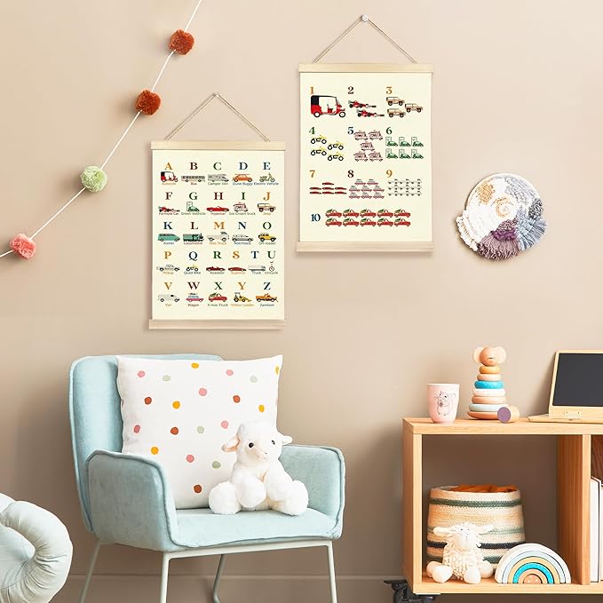 Hiuwevt Transportation Alphabet Numbers Poster Hanger Frame, Nursery Wall Decor, Vehicle ABC 123 Educational Wall Art Decor for Classroom Kids Room Home, 12x16 Inch Set of 2