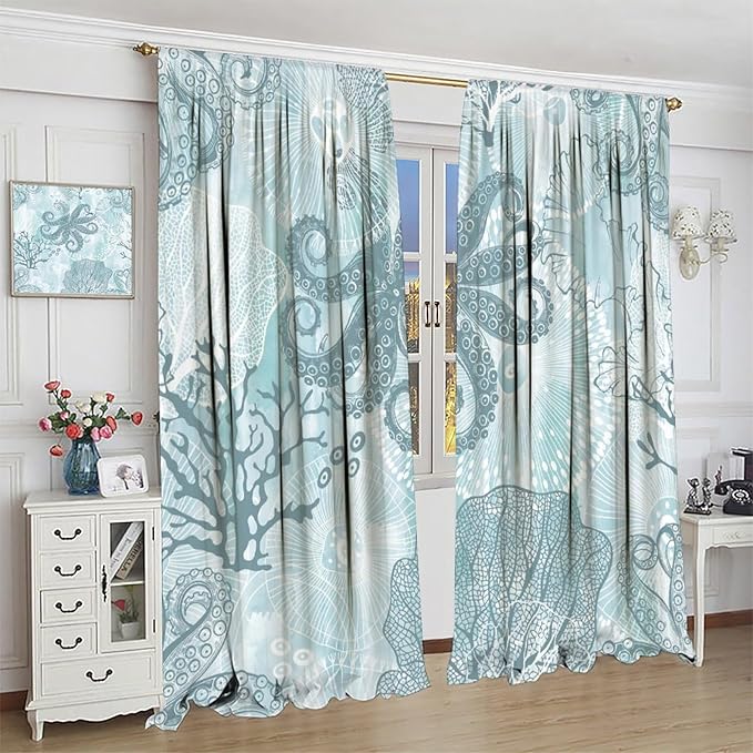 Coastal Window Curtains,Nautical Beach Themed Thermal Insulating Blackout Curtain for Living Room, Bedroom Set 2 Panels,42x63 Inches