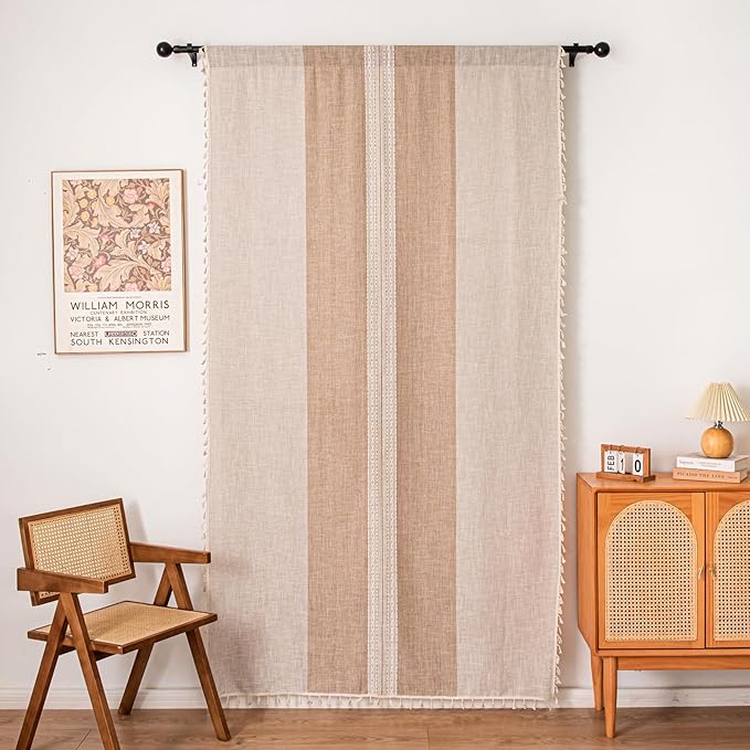 Deeprove Boho Curtains 84 Inches Long for Bedroom Living Room, Cotton Linen Stripes Embroidery Weighted, Bohemian Farmhouse Window Treatment Drape Tassels, 1 Panel W52 x L84, Khaki and Coffee