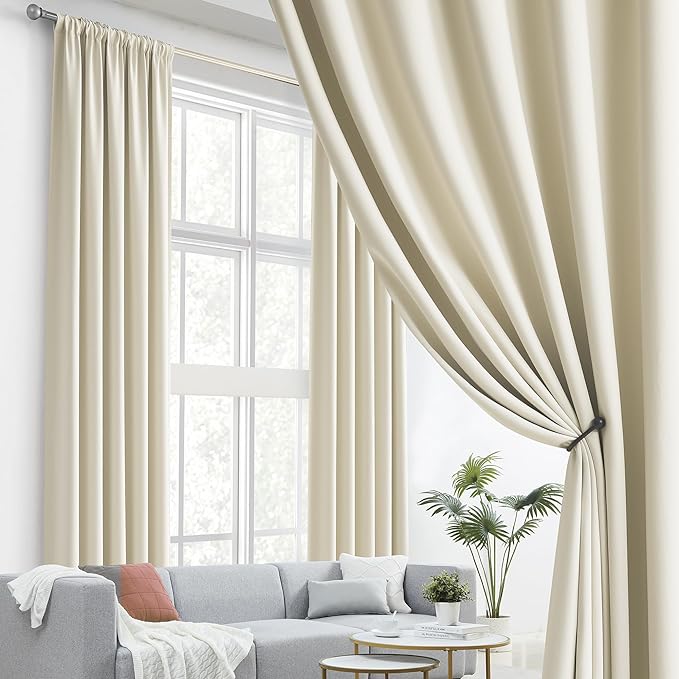 DUALIFE Beige Curtains 102 Length 2 Panels, Cream Blackout Curtains Thermal Insulated Window Treatment Room Darkening Drapes for Living Room Back Tab/Rod Pocket, 52 by 102 Inches Long