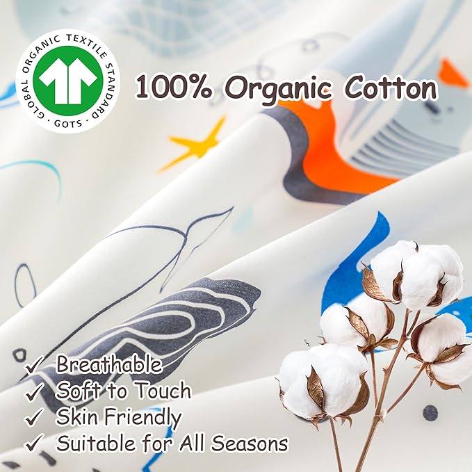Simple&Opulence 100% Organic Cotton Duvet Cover for Kids Teens, 4 Pieces Soft Comforter Cover with Zipper Closure Cool Boy Girl Sea Sailboat Ocean Bedding Set - Whale, Full/Queen