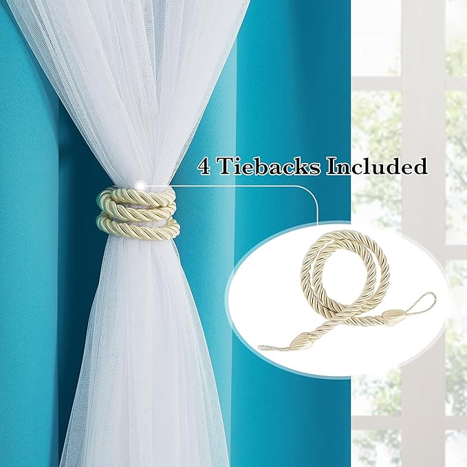 PONY DANCE Blackout Curtains 84 Inch Length - Layered Curtain Mix and Match Room Darkening Drapes with White Sheer Overlay Elegance Window Drapes with Tiebacks (One Pair, Teal Blue, 52 Inches Wide)
