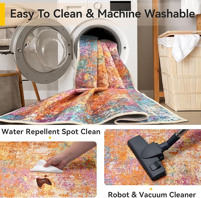Washable Area Rugs 6'x9' Non-Slip Modern Abstract Soft for Living Room Entryway Bedroom Nursery, Print Pattern, Orange Blue Pink Yellow Colorful
