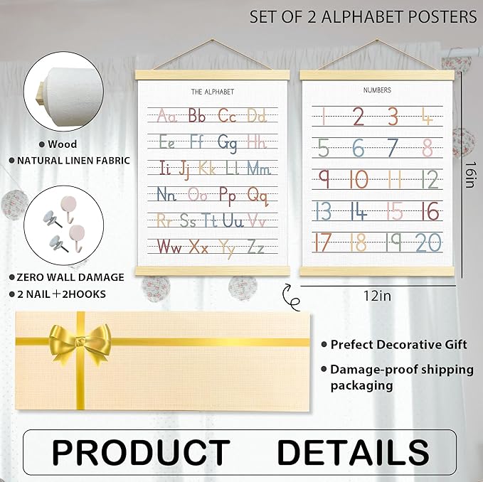 Buildinest Numbers Abc Wall Chart for Toddler Learning Posters, Nursery Wall Decor Playroom Wall Decor and Alphabet Banner,Preschool &Homeschool Wooden Alphabet Poster For Toddlers-B01