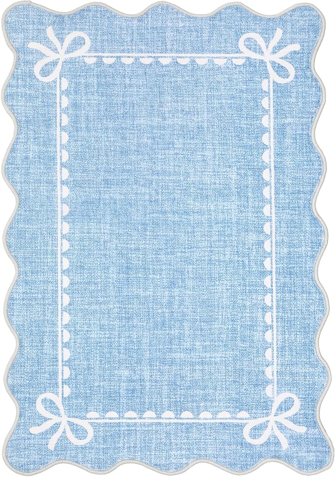 GarveeHome Scalloped Bow Rug for Living Room, Solid Blue Rug for Dorm, Washable Rugs 6x9 Soft Low Pile Non Slip Scalloped Rugs for Nursery College Bedroom Decor Kids Room Playroom