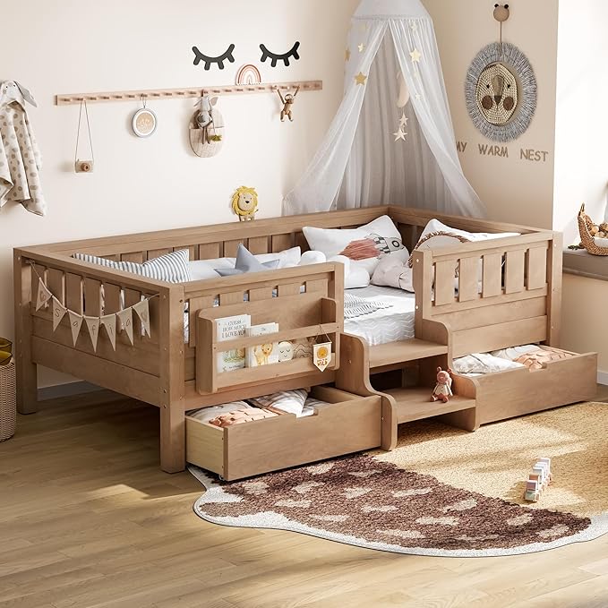 Bellemave Twin Bed with Slats and Stairs, Twin Size Platform Bed Frame with Fence, Bookshelf and Storage Drawers, Easy Assemble Beds for Kids, Girls, Boys, Natural