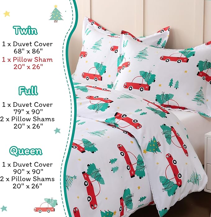 JSD Red Cars Kids Christmas Duvet Cover Set Full Size, 3 Piece Xmas Comforter Cover with Pillow Sham Zipper Closure, Comforter Not Included