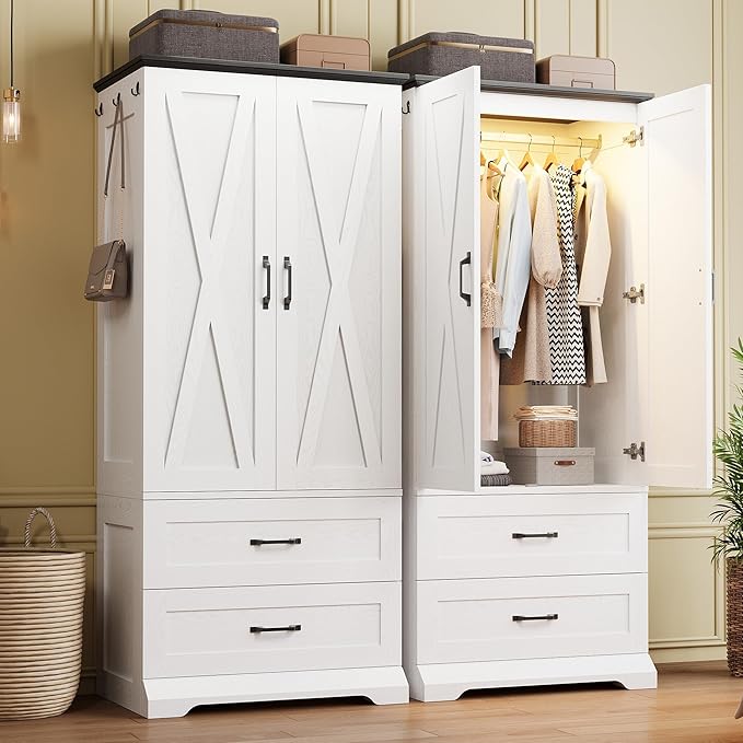 LIKIMIO Armoire Wardrobe Closet 70.9" H, Bedroom Wooden Wardrobe with 2 Doors, 2 Drawers and Sensor Light, Clothing Storage Cabinet Organizer Combination with Hanging Rod, Hooks, White