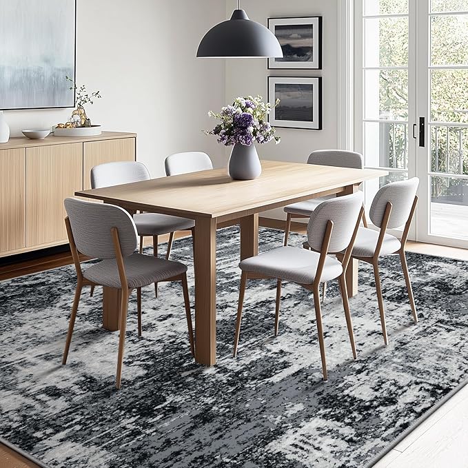 Washable Area Rugs 9'x12' Non-Slip Modern Abstract Soft for Living Room Entryway Bedroom Nursery, Print Pattern, Black Gray