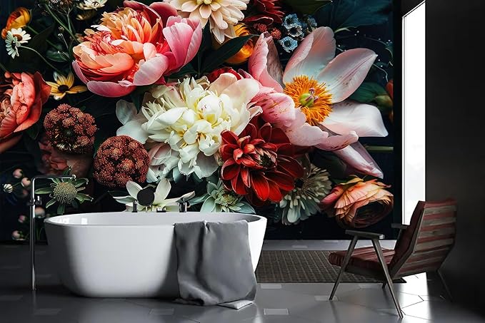 Dark Floral Wallpaper Peel and Stick Large Peony Flower Self Adhesive Wall Mural for Bedroom 137"x100"
