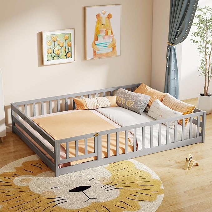 KOMFOTT Full Size Wood Floor Bed with Door & Fence, Montessori Bed Frame with Full Length Safety Guardrails, Door & Latch, Wooden Montessori Floor Bed for Kids, Girls, Boys (Full,Grey)
