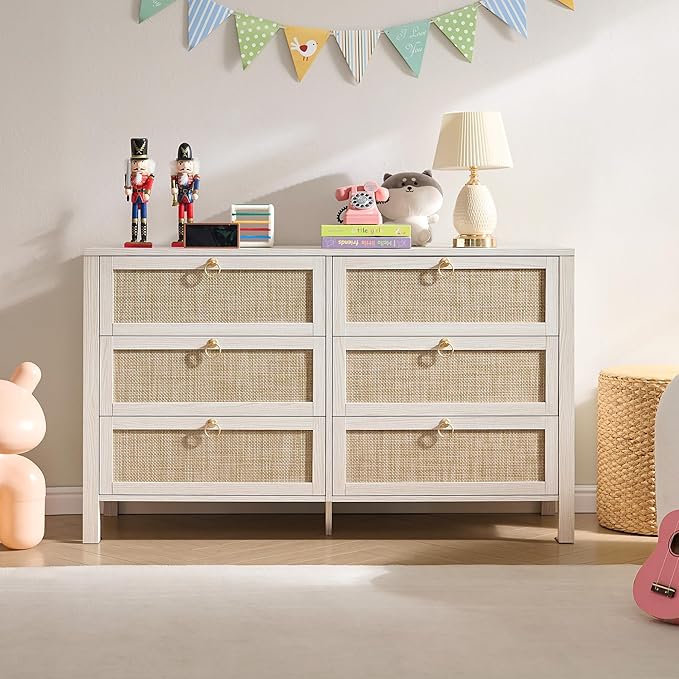 SICOTAS Rattan 6 Drawer Dresser for Bedroom : 51" White Dresser Chest of Drawers Cabinet for Closet with Larger Storage, Boho Farmhouse Wide Tall Dressers TV Stand for Living Room, Hallway