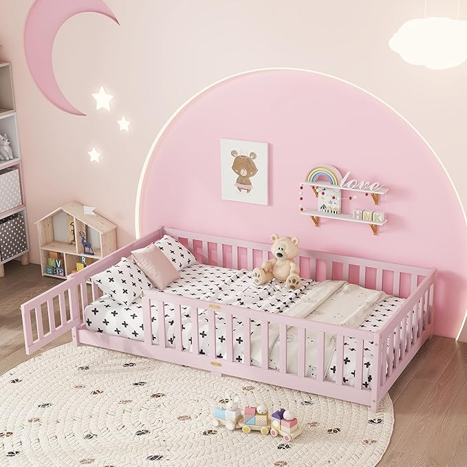 Twin Size Floor Bed for Kids, Wood Montessori Floor Beds with Fence Railings, Door & Slats Support, Twin Playhouse Bed Frame for Boys Girls, No Box Spring Needed, Pink