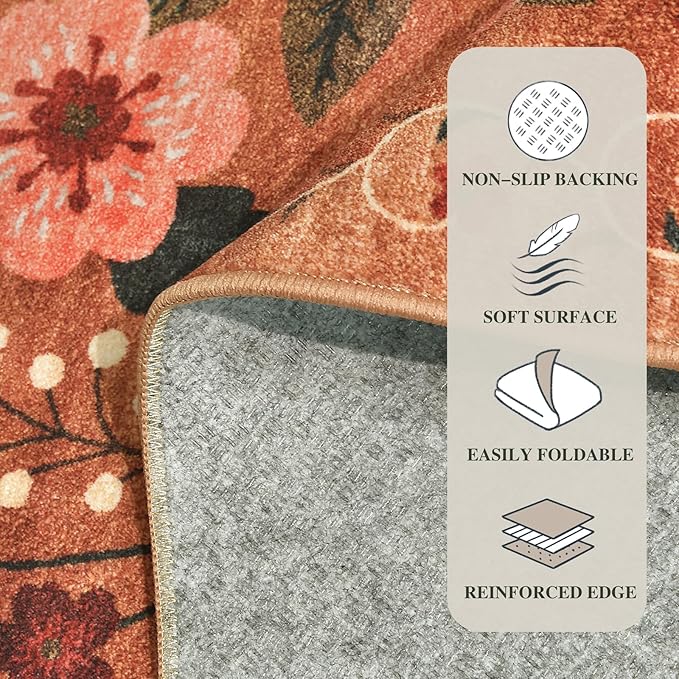 6x9 Washable Area Rug for Living Room, Floral Non-Slip Non-Shedding & Easy Care, Soft Low Pile Vintage Indoor Floor Carpet for Living Room, Bedroom, Farmhouse, Dining Room, Kids Playroom, Orange