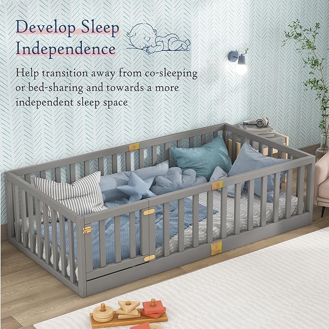 Tatub Twin Montessori Floor Bed with High Rails, Solid Wood Montessori Bed Frame for Kids, Door Can Install Left and Right, Twin-Grey
