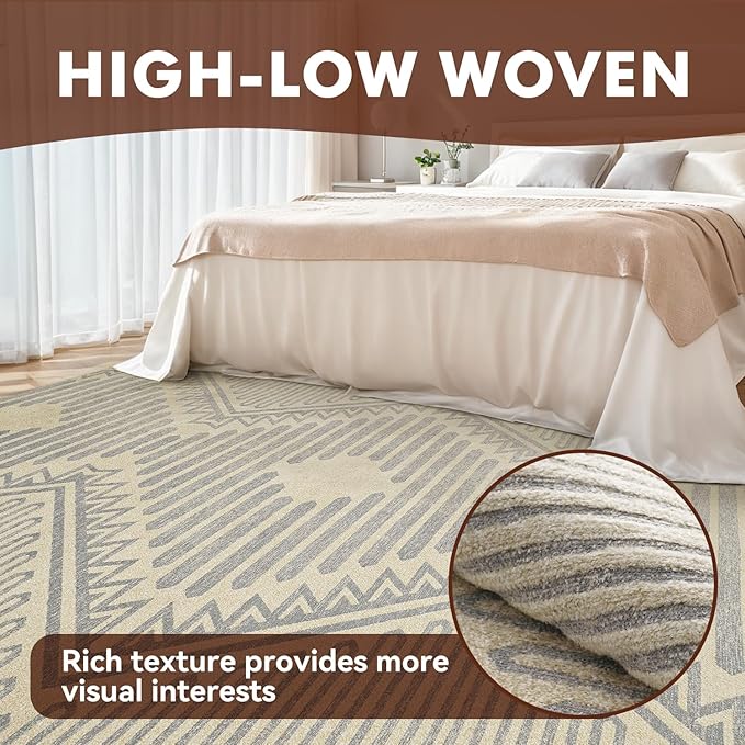 Beige Grey Boho 8x10 Area Rugs Textured Tufted Rugs for Living Room Bedroom Rug-Carpet Washable Neutral Modern Geometric Moroccan Aztec Rug