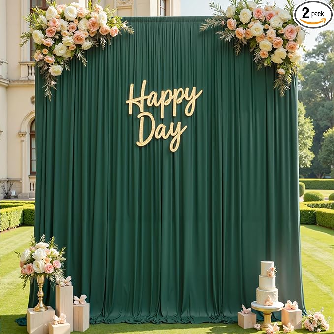 10×12ft Wrinkle Free Hunter Green Backdrop Curtain for Wedding Parties, 2 Panels 5×12ft Long Soft Silky Polyester Backdrop Drapes Photo Back Drop Curtains for Jungle Party Photography Background Cloth