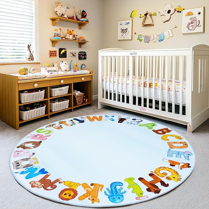 Kids Rugs for Playroom, 4'x4' Round Educational Rug for Learn The ABC Alphabet, Soft Machine Washable Non-Slip Cute Animal Carpet for Classroom Toddler Nursery Kids Room Decor Mat, Blue