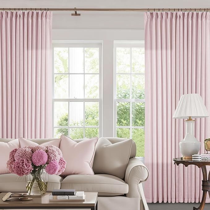 Pinch Pleated Pink Linen Curtains 120 Inches Long for Girls Bedroom Living Room Light Filtering Extra Long Pleated Semi Sheer 120 Inch Curtains Drape Window Panels Pink Blush Babys Nursery